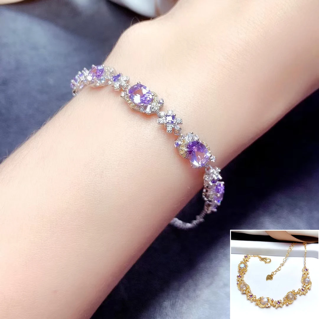 

MeiBaPJ Real Natural Moonstone/Amethyst Gemstone Fashion Bracelet 925 Sterling Silver Bangle for Women Fine Wedding Jewelry