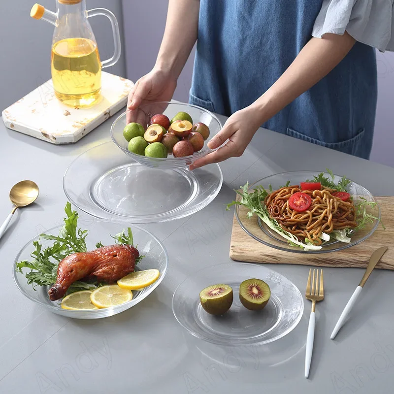 European Glass Plate Simple Transparent Western Restaurant Vegetable Salad Dish Home Living Room Desktop Fruit Salad Plates