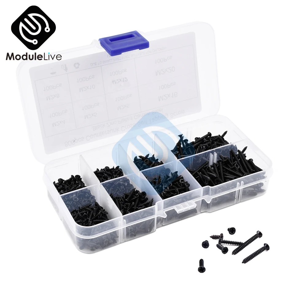 

800pcs M2 304 Stainless Steel Ka Cross Countersunk Head Self Tapping Screw With Combination Set Tools M2*4/5/6/8/10/12/16/20mm