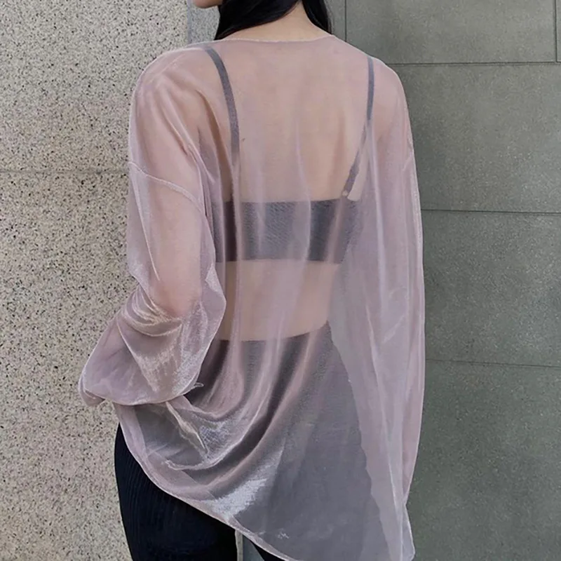 Solid See Through Tshirt Women Sexy Tops O-Neck Long Sleeve Oversized T Shirt For Women Clothing Club Y2k Aesthetic Egirl Tees