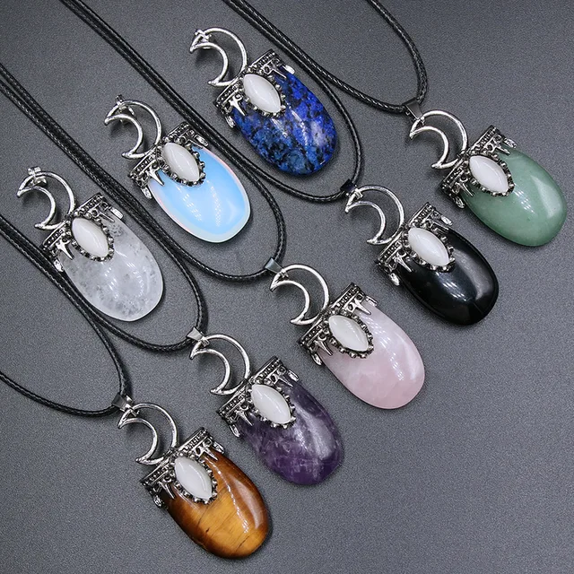 Natural Stone Crystal Quartz Amethyst Necklace Natural Stone Wall Hanging Moon Stone Pendant Necklace for Women Party Jewelry 1