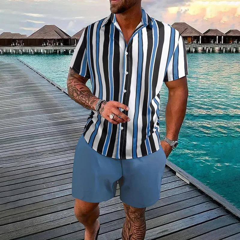 

Мужской костюм рубашки в полоску, гавайская рубашка с коротким рукавом, Мужская одежда, летние футболки y2k, мужские комплекты, 2024