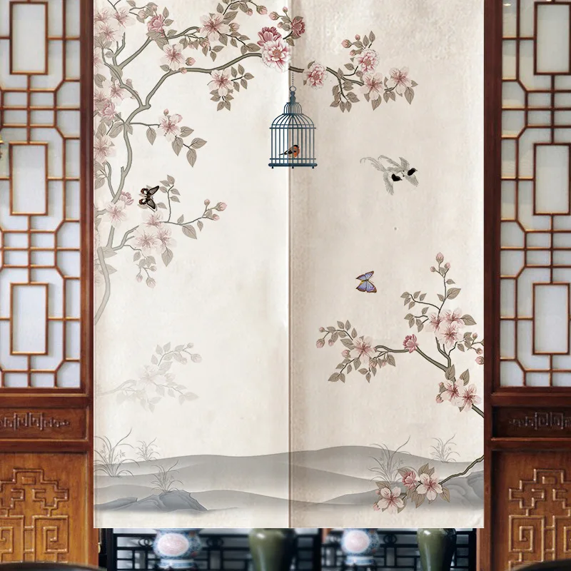 New Chinese Zen Door Curtain Retro Flower-and-bird Decorative Curtain Kitchen Partition Curtain Toilet Feng Shui Curtain 4