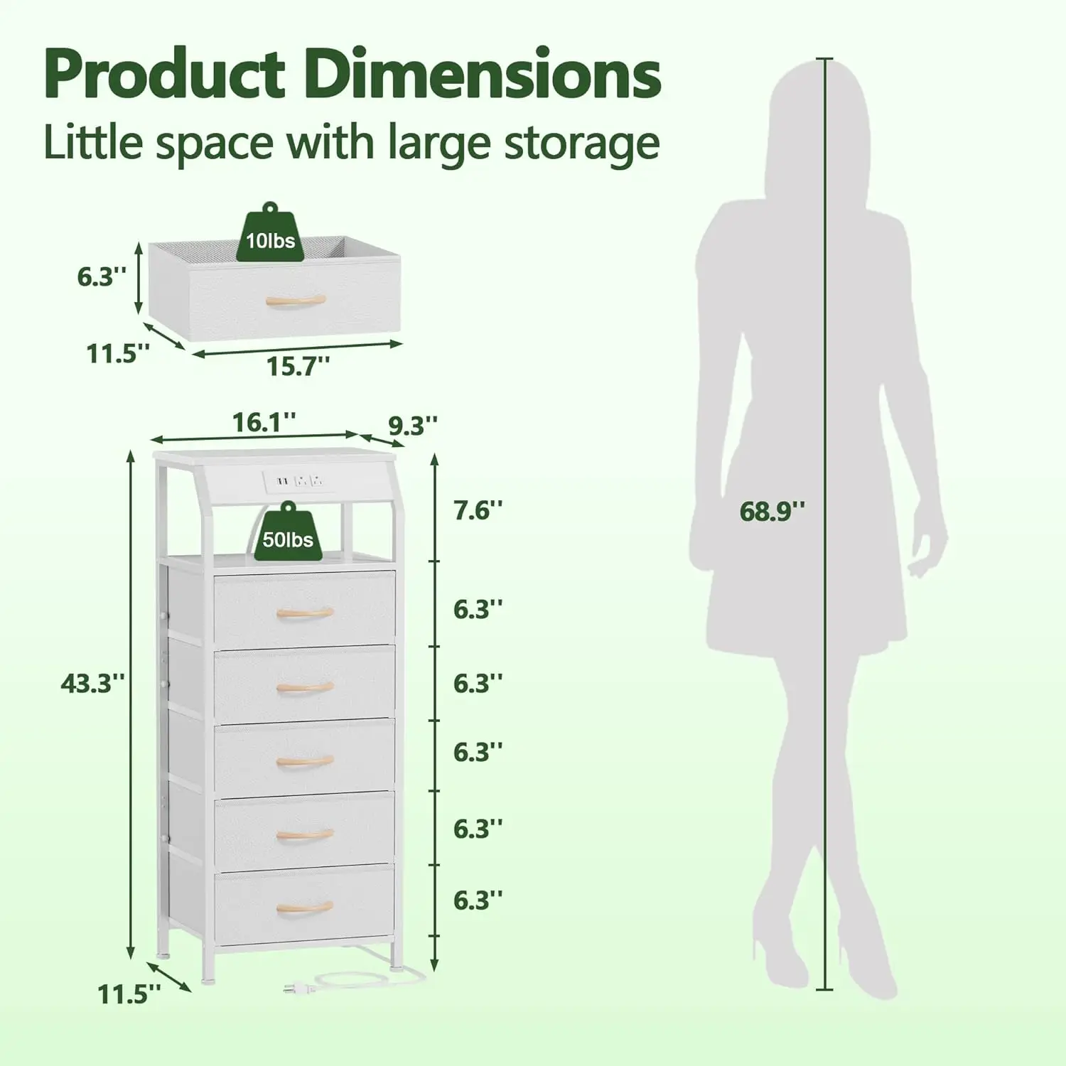 5 Drawers Dresser with Charging Station, Tall Night Stand with Open Shelf, Storage Tower with PVC & Fabric Drawer 3