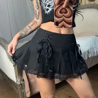 Girl Retro Pleated Skirt Lace Up High Waist Plaid Mesh Stitching Hem Y2K Aesthetic Gothic Black Mini Skirts Bodycon