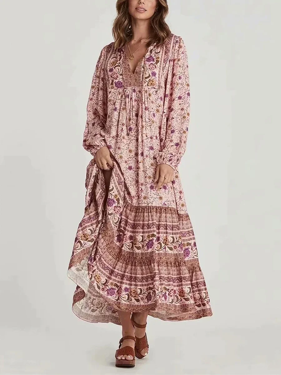 A-line V-neck Sleeveless Pleated Tiered Bohemian Dresses Orchid
