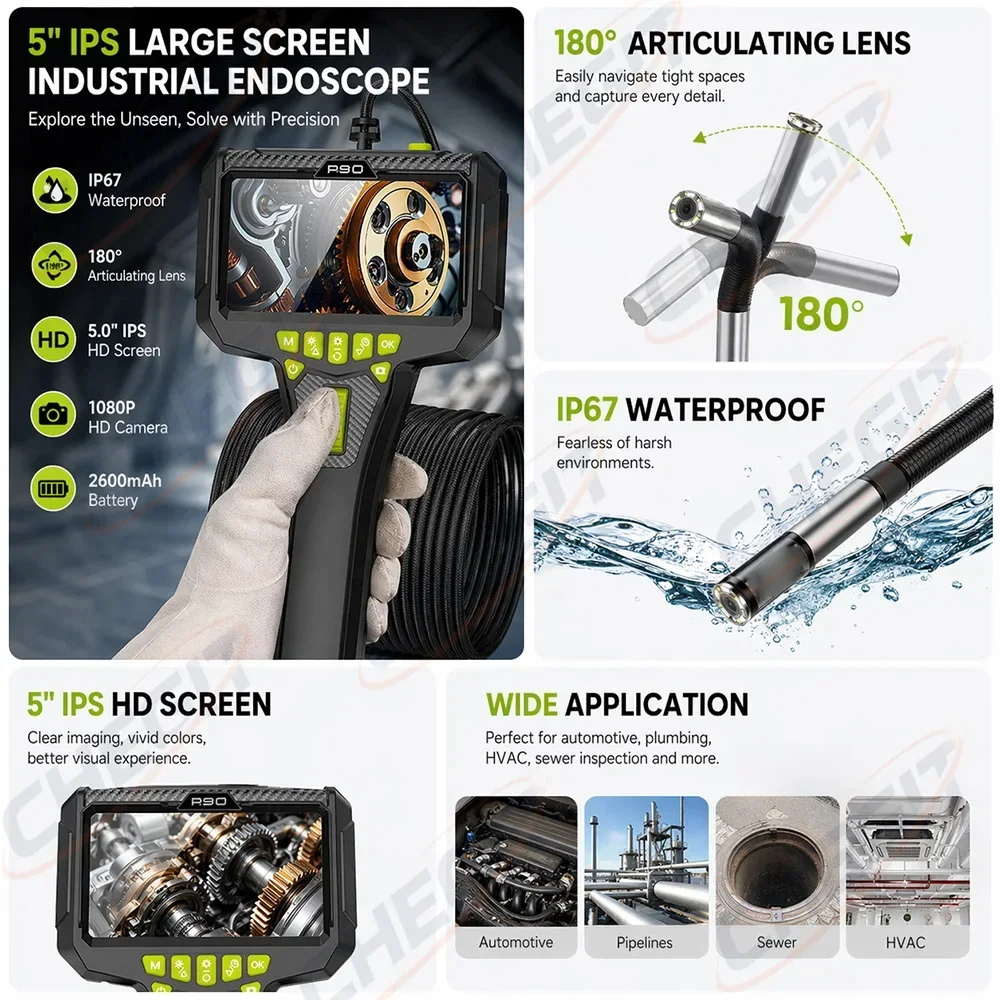360 ° 스티어링 산업용 내시경 카메라 6mm 5인치 IPS 스크린 단일 렌즈 방수 검사 내시경 (자동차/파이프/수리용)