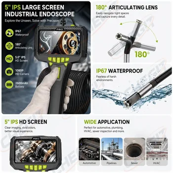 360° Steering Industrial Endoscope Camera 6mm 5"IPS Screen Single Lens Waterproof Inspection Borescope For Car/Pipe/Repair 1