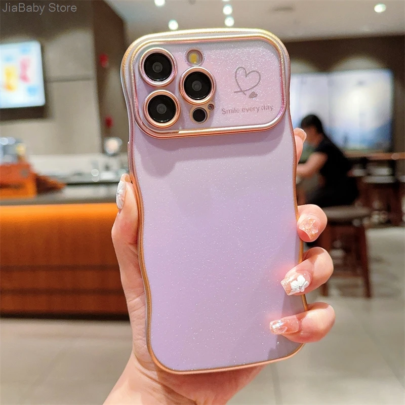 Coque de protection pour appareil photo en forme de cœur avec liquide pailleté de luxe pour iPhone 11 12 13 14 15 16 Plus Pro Max_voghion.com