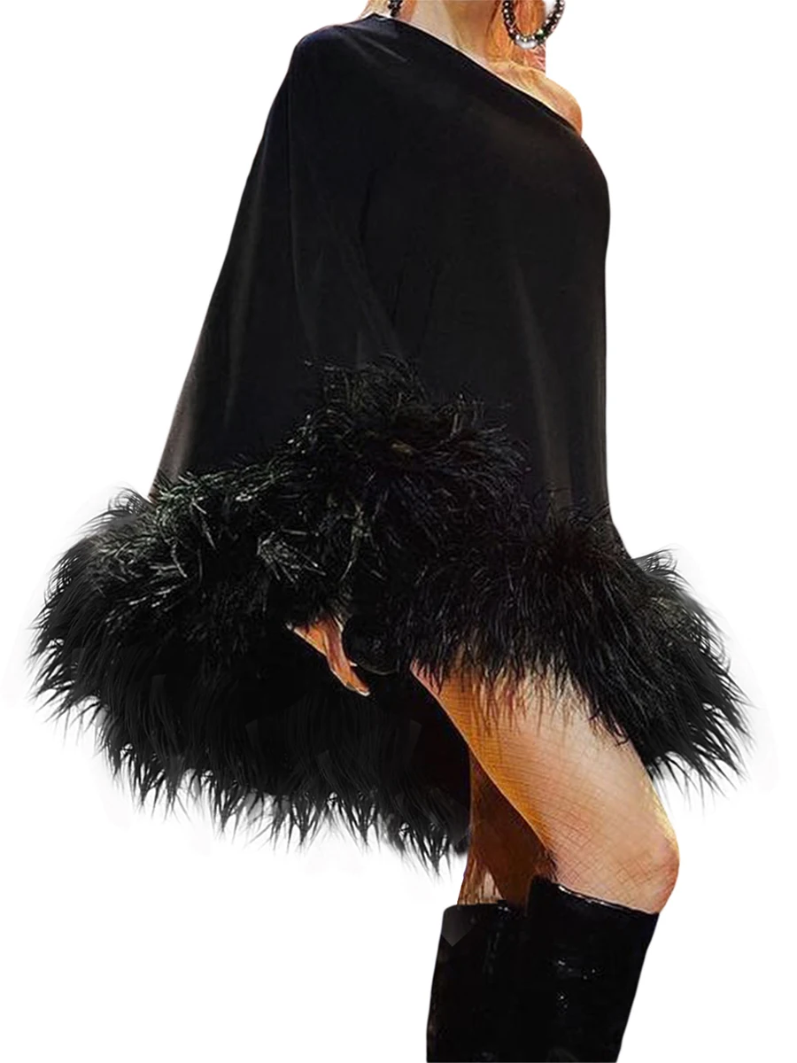 

Women s Asymmetric Slim Gown Solid Feather Hem Patchwork One Shoulder Mini Short Dress for Party