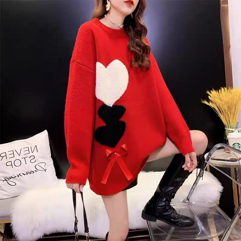 

Hsa Klein blue sweater for women Red Heart Jumpers new autumn and winter lazy style loose design lace Up pullover knitted top