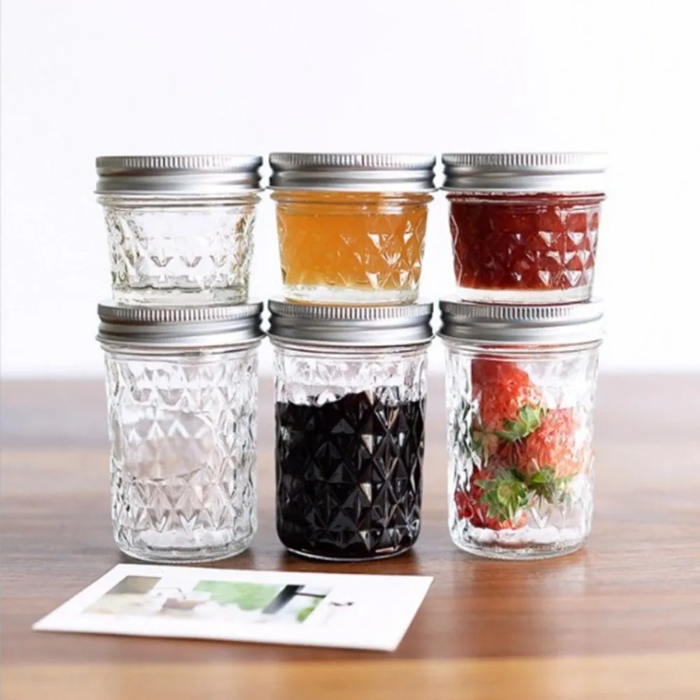 120ml-650ml Transparent Glass Sealed Bottle Mason Jar Diamond Pattern Jam Juice Bottle Labelable Seal Bottle Kitchen Tool 3