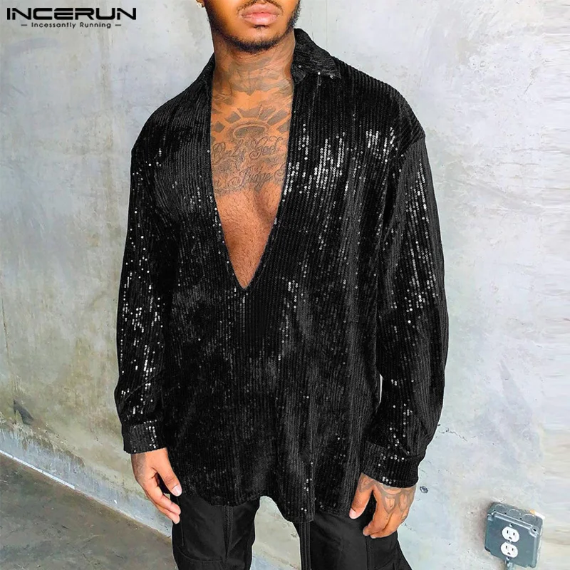 

INCERUN Party Shows Tops 2024 Handsome Mens Personality Glitter Bead Shirts Casual Fashion Hot Selling Long Sleeved Blouse S-5XL