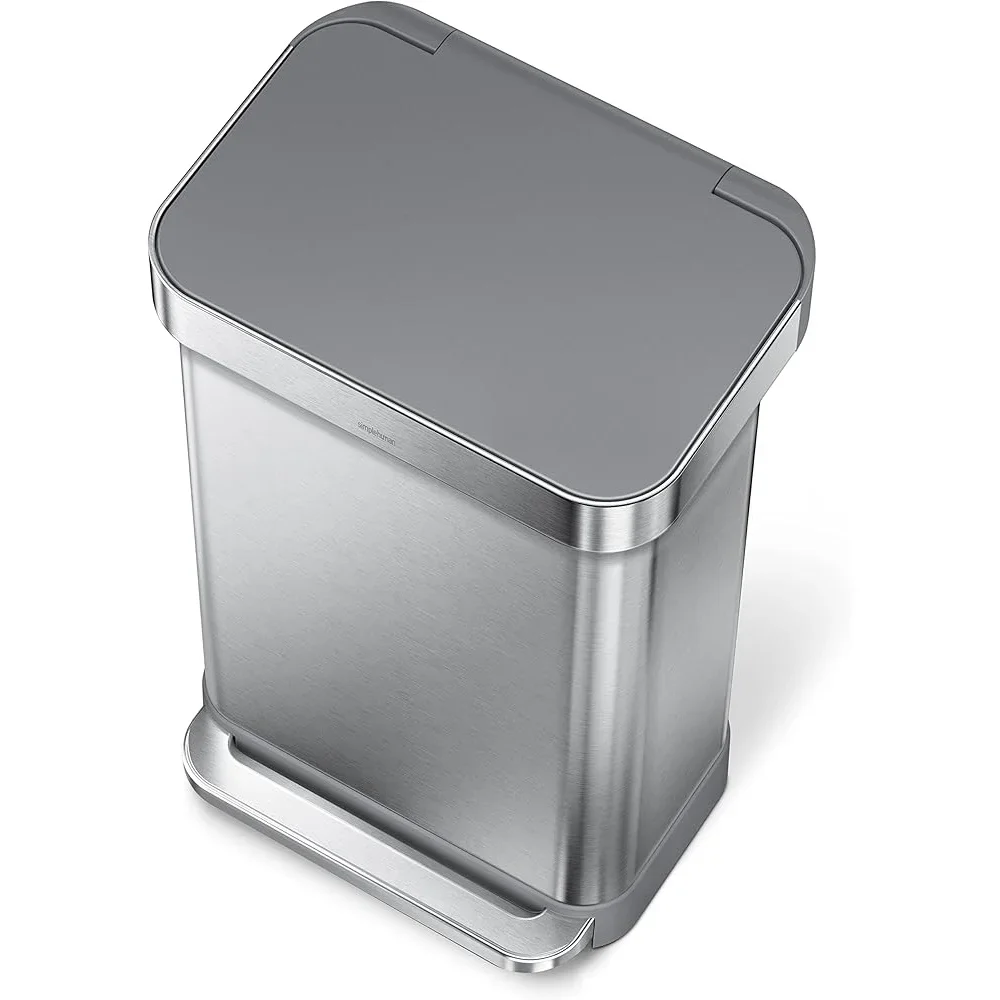 Hands-Free Kitchen Trash Can 45L Rectangular Soft-Close Lid Brushed Stainless Steel Step Pedal Silent Close Liner Pocket Durable 3