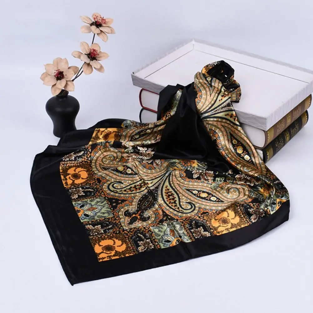 Large Cashew Flower Printed Hair Scarf Sunscreen Imitation Silk Square Smooth Retro Scarf Outdoor Women's Turban Hair