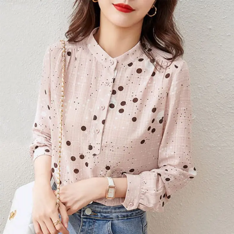 

Fashion Button Chiffon Printed Polka Dot Blouse Women's Clothing 2023 Spring New Casual Pullovers All-match Office Lady Shirt