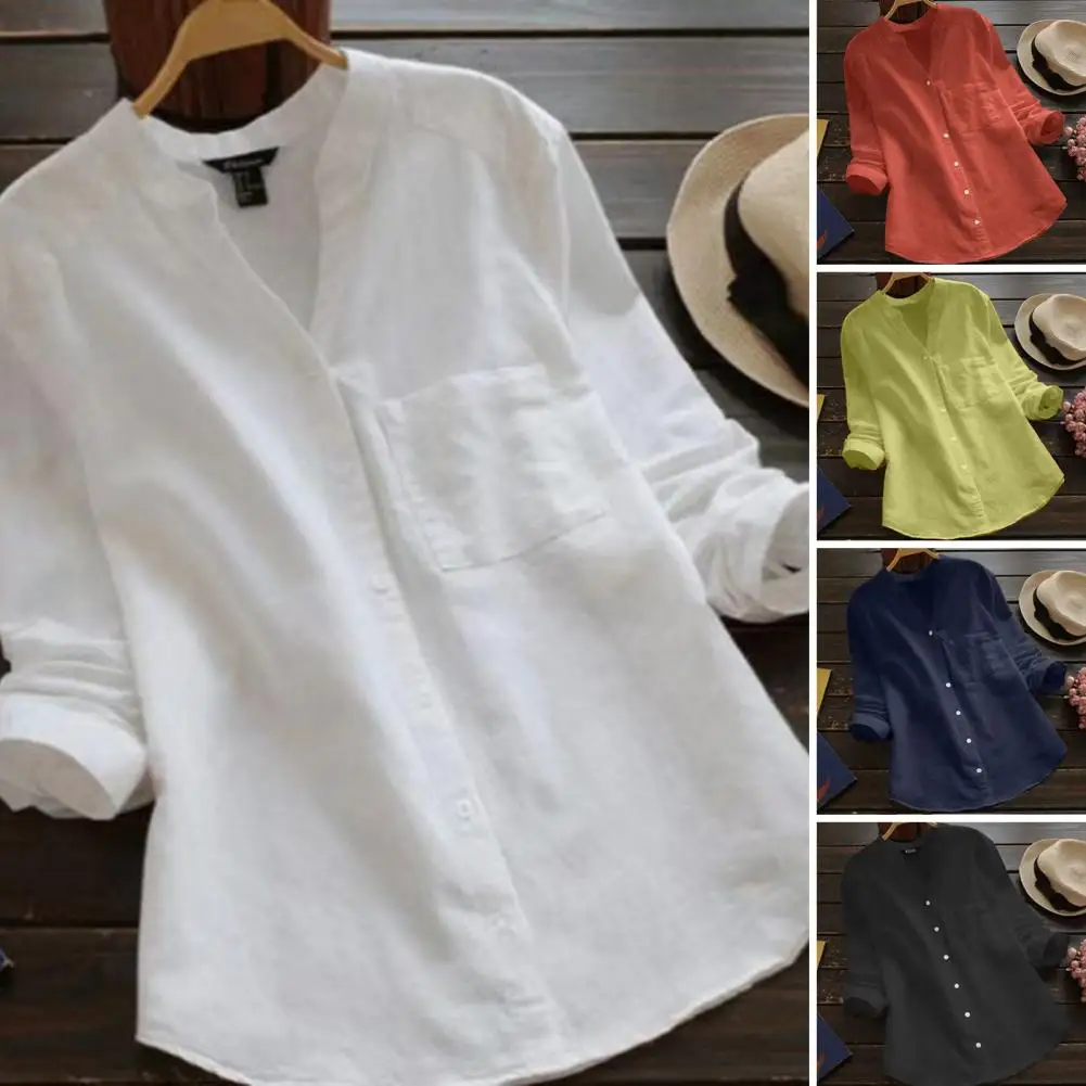 

Women Shirt Solid Color V Neck Blouse Long Sleeve Dress-up Cotton Hemp Summer Women Sweat Absorption Office Shirt Top For Women