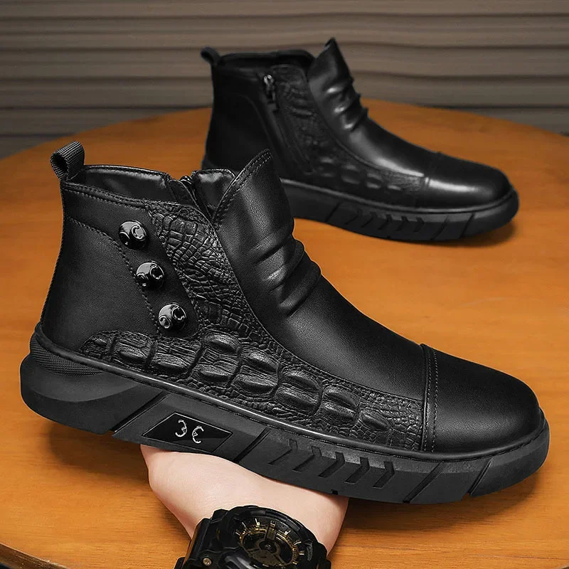 Winter New Men's Thickened Black Mid-Top Business Casual Snow Boots 2026