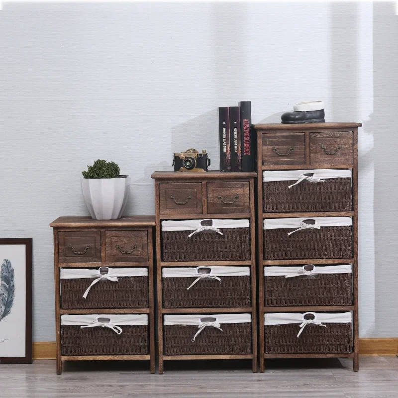 

Storage Cabinet Vintage Rattan Bedside Table Solid Wood Storage Drawer Side Cabinet