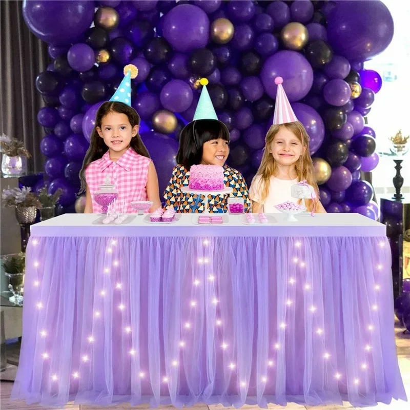 Tulle Table Skirt with LED Lights 6FT Table Cloth for Baby Shower Wedding Birthday Party Bar Home Halloween Decorations