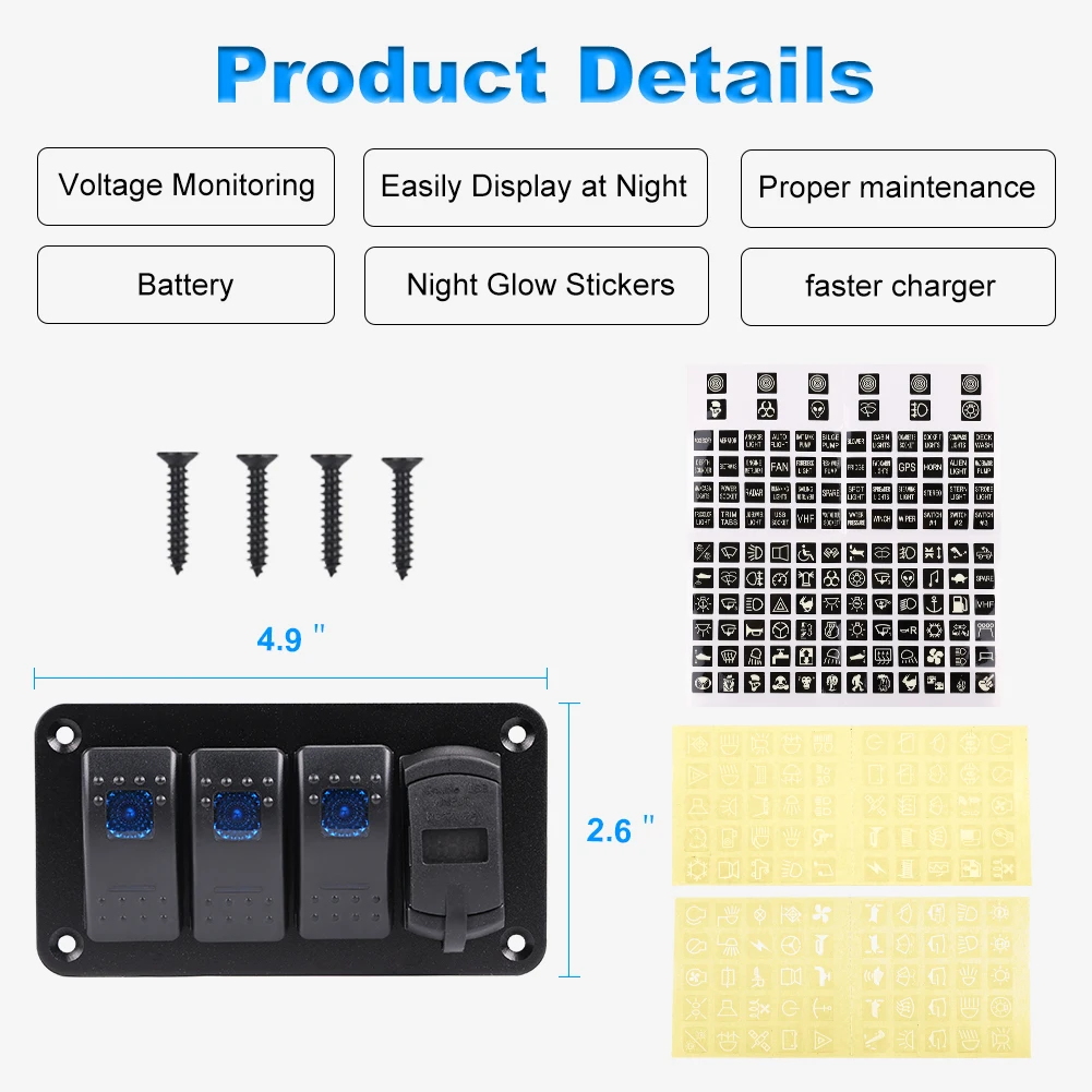 2/3Gang Switch Panel 12V 4.8A Dual USB Charger Socket Digital Voltmeter For Marine Car Boat Caravan Camper With Luminous Sticker