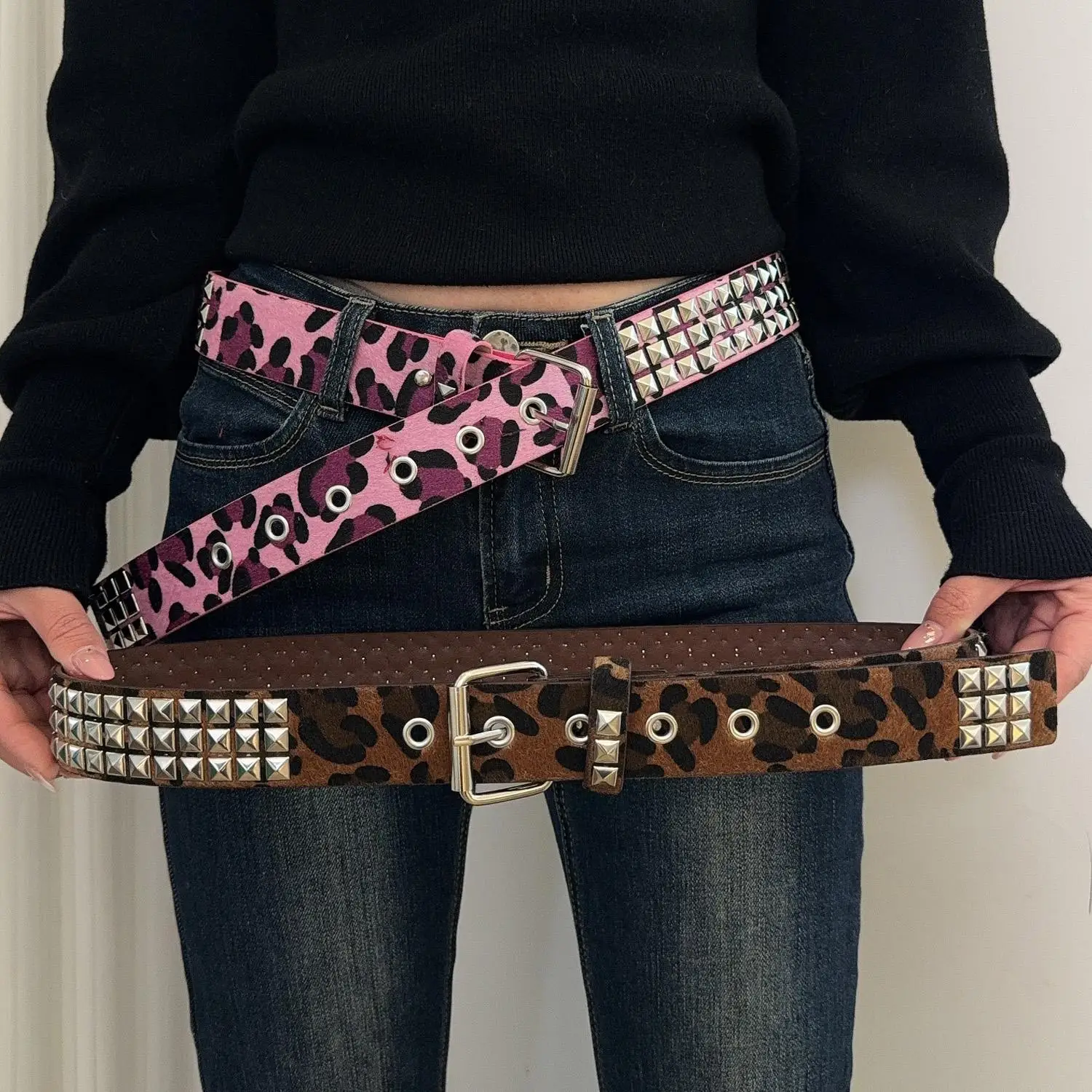 Y2K Leopardenmuster Nieten-Gürtel Damen Punk Streetwear Taille PU-Leder Metall-Nieten Hip-Hop Jeans Kleid Accessoires Retro Mode – Detail 4