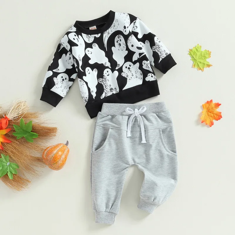 

Halloween Newborn Baby Boy Pant Sets Autumn Clothes Long Sleeve Ghost Sweatshirt and Elastic Waist Sweatpant Baby Items Clothing