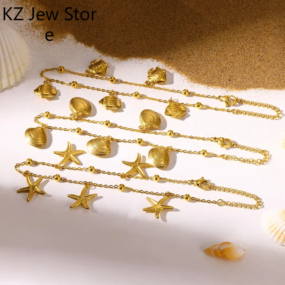 Starfish Shell Fish Charm Anklet Link Bead Chain Stainless Steel Bracelet Women Foot Summer Waterproof Jewelry