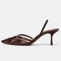 Brown String Bead Mesh Embroider Slingback High Heels Women Sexy Pointed Toe Heeled Sandals Summer Elegant Luxury Designer Shoes - Image 3