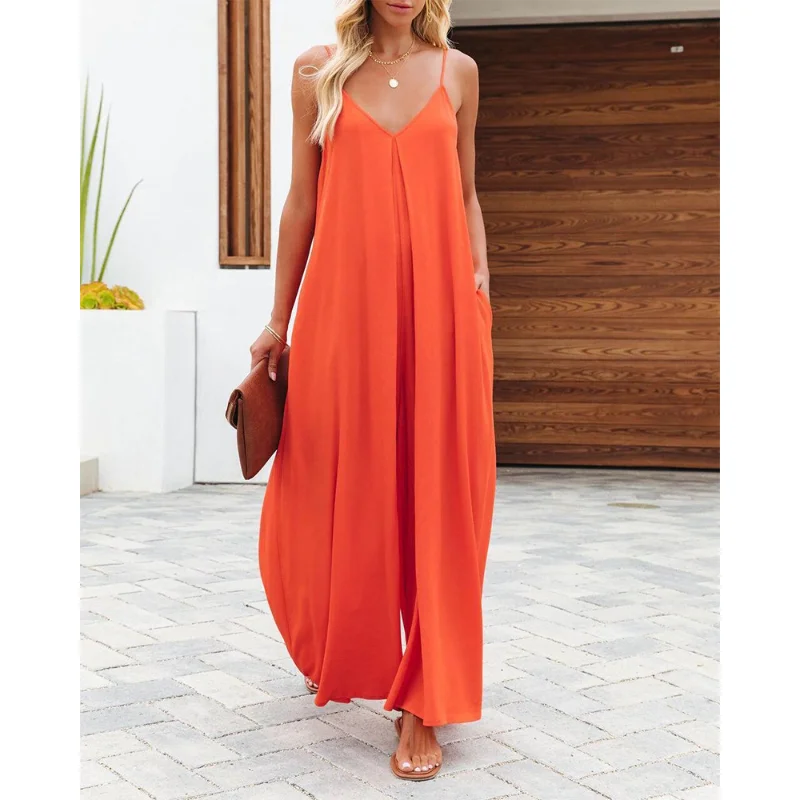 

Sexy V-neck Suspender Wide Leg Pants Women Solid Loose Pants Set with Pockets Fashion Casual Jumpsuit 2023 Summer Romper Mujer