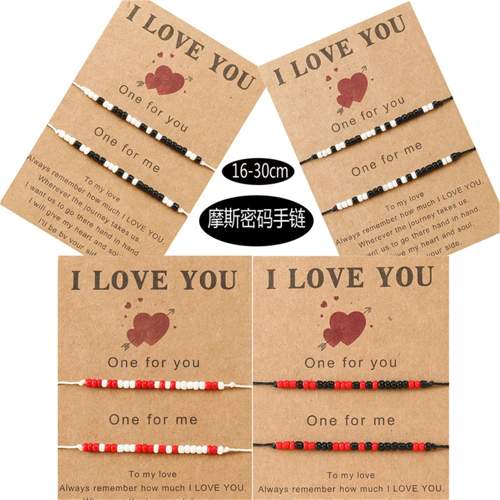 Morse Code Charm Bracelets for Women Men I Love You Beads Couple Bracelet With Card Adjustable Handmade Braided  Friend Jewelry