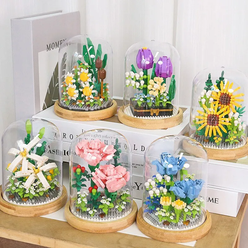 

TFAMI Building Block Flower Toy Decoration With Transparent Acrylic Cover Office Home Decor Holiday Gift for Kids Boys and Girls