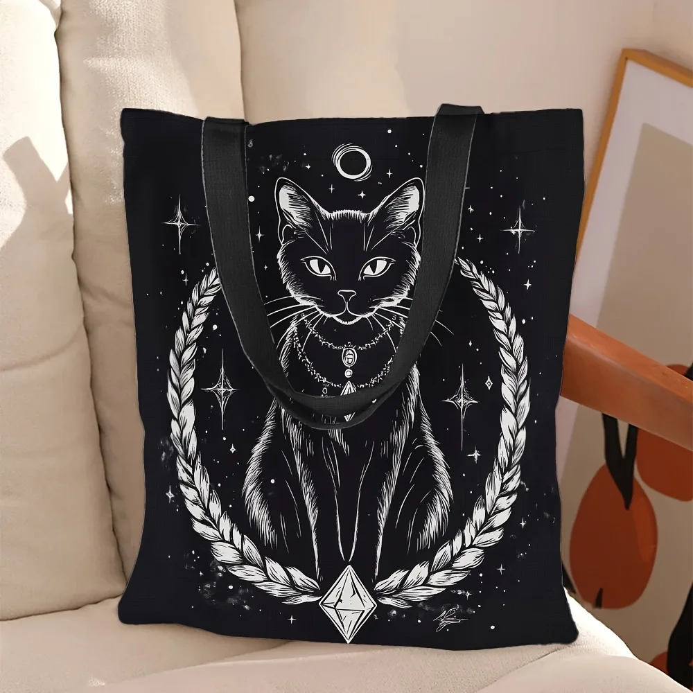 Sac à main cabas élégant chat noir et lune croissant nuit étoilée_voghion.com