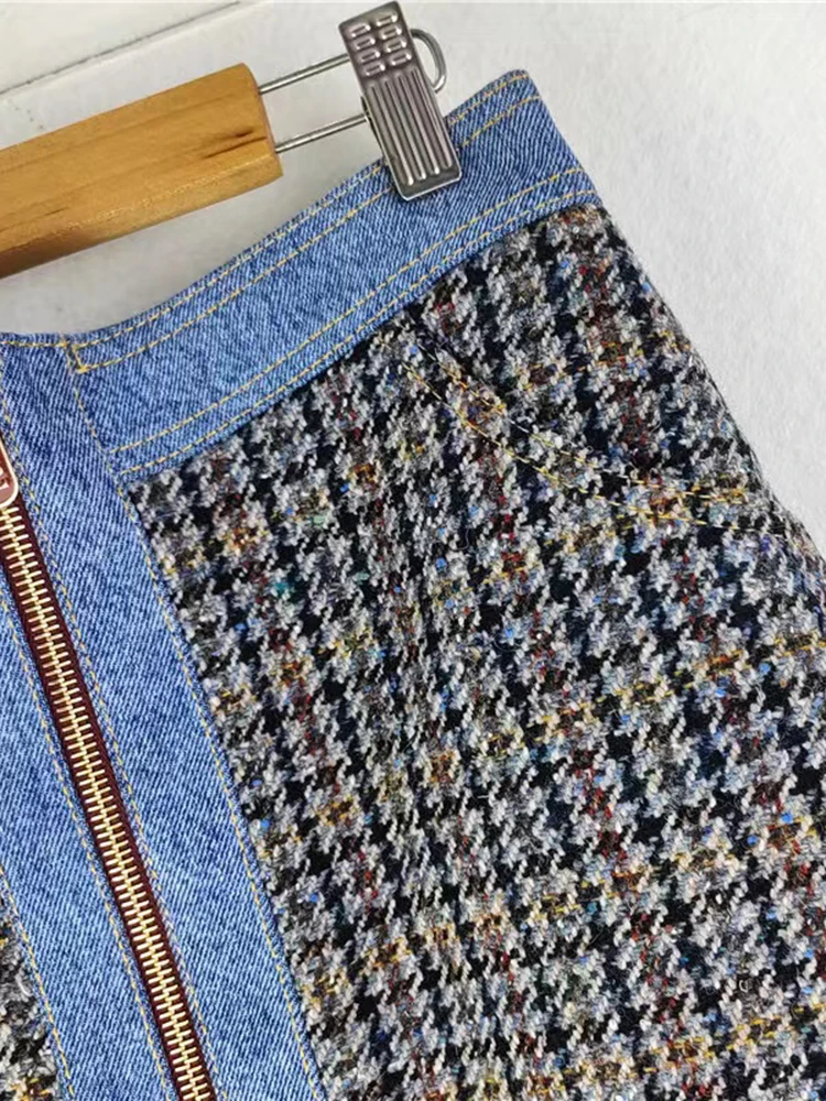 

Autumn Winter New Skirts Women High Waist Tweed Denim Contrasting Colors French Brand Elegant Casual Office Ladies Skirts