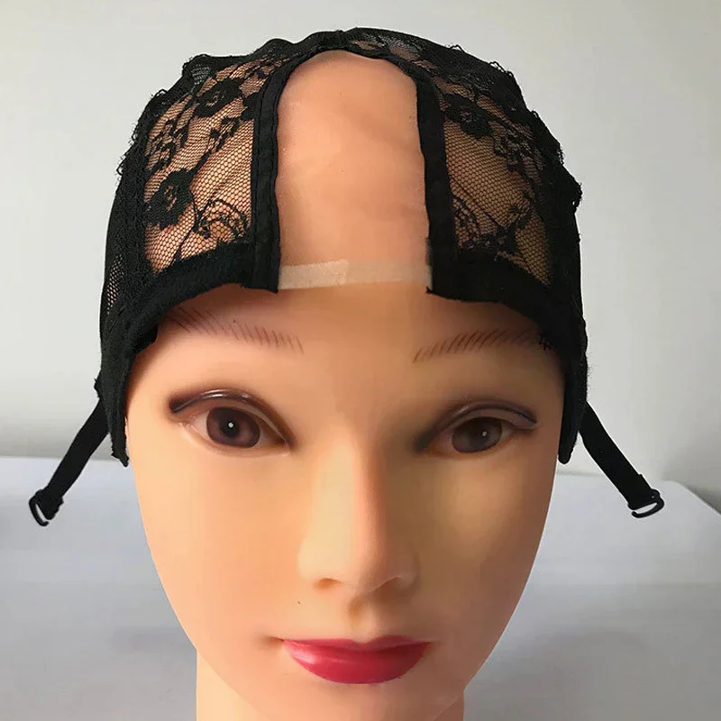 Cappello in pizzo per la creazione di parrucche, 56 cm, con cinturini regolabili, in tessuto elasticizzato, a forma di U, nero, per donna, a cupola, con rete per capelli