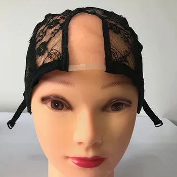 Cappello in pizzo per la creazione di parrucche, 56 cm, con cinturini regolabili, in tessuto elasticizzato, a forma di U, nero, per donna, a cupola, con rete per capelli