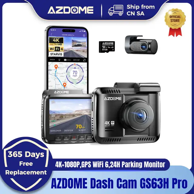 AZDOME Dash Cam GS63H Pro 4K+1080P Dual-channel Record 2.4'' IPS Screen GPS WiFi 6 APP 130° FOV Car DVR 24H Parking Monitor 1