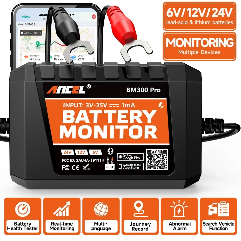 ANCEL BM300 Pro Battery Monitor 24V Battery Tester 12V SOC Health Analyzer Tools for Car SOH SOC Health