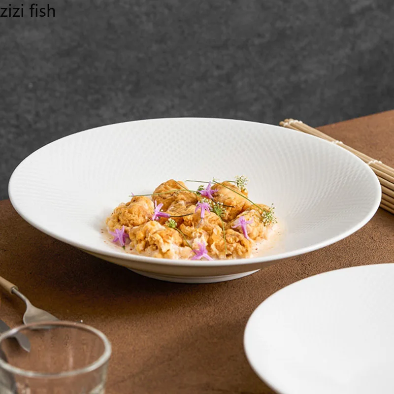 Pure White Ceramic Vegetable Salad Plate Round Deep Plate Thick Soup Pasta Fruit Plates Restaurant Specialty Tableware