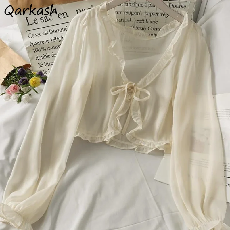 

S-3XL Shirts Women Lace-up Sweet Ruffles French Style Temperament Summer Sun-proof Breathable Female Loose Crop Tops All-match
