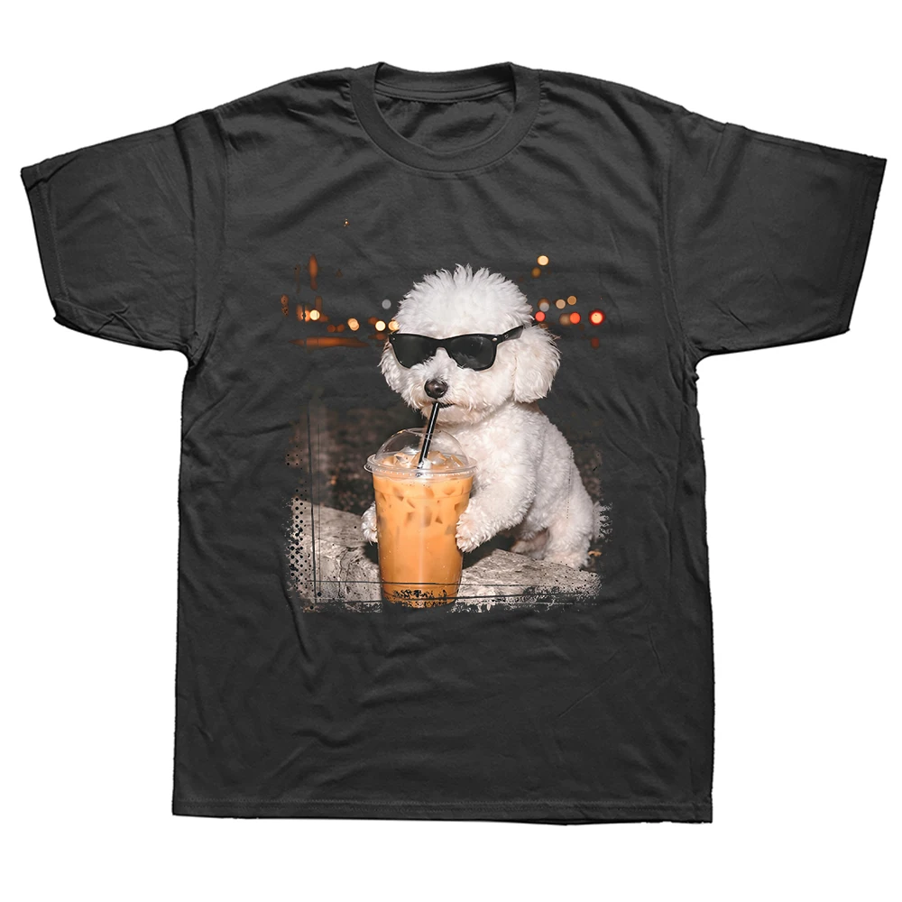 Weißer Bichon Frise Hund Trinkt Eiskaffee in Sonnenbrille T-Shirts für Männer und Frauen Kurzarm Unisex Lose Kleidung