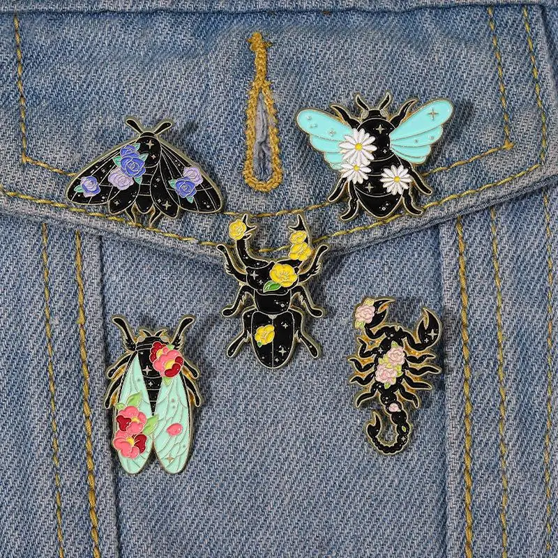 

Floral Insects Enamel Pins Custom Nature Moth Cicada Scorpion Brooches Lapel Badges Funny Jewelry Gift for Kids Friends