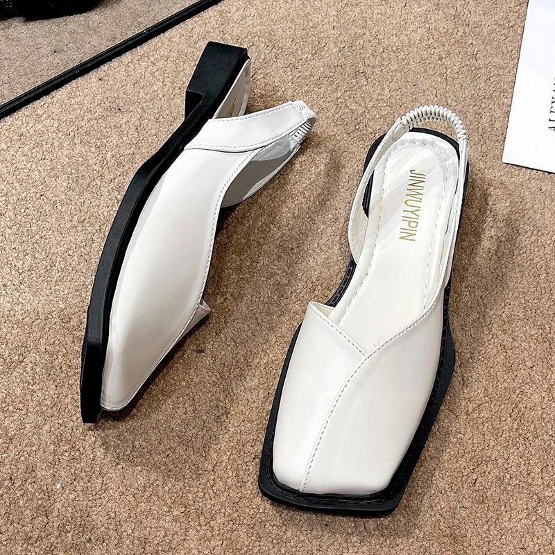 Summer Elegant Ladies Sandals Fashion Elastic Band Flat Heel Shallow Party Shoes Square Heel 35-40 Square Toe