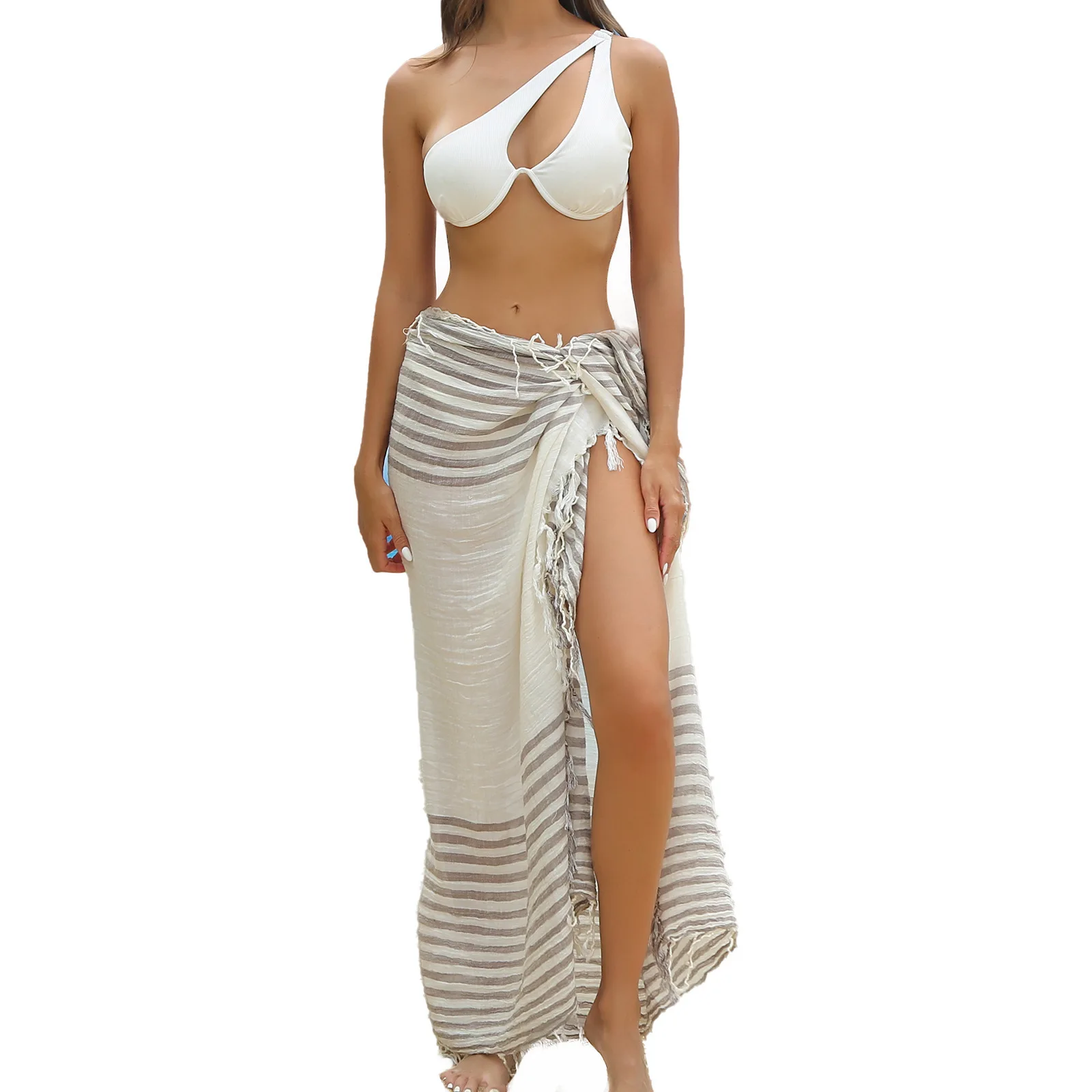Sunscreen Beach Towel Skirt Blouse New Bamboo Cotton Sarong Striped Fringed Bikini Blouse 1