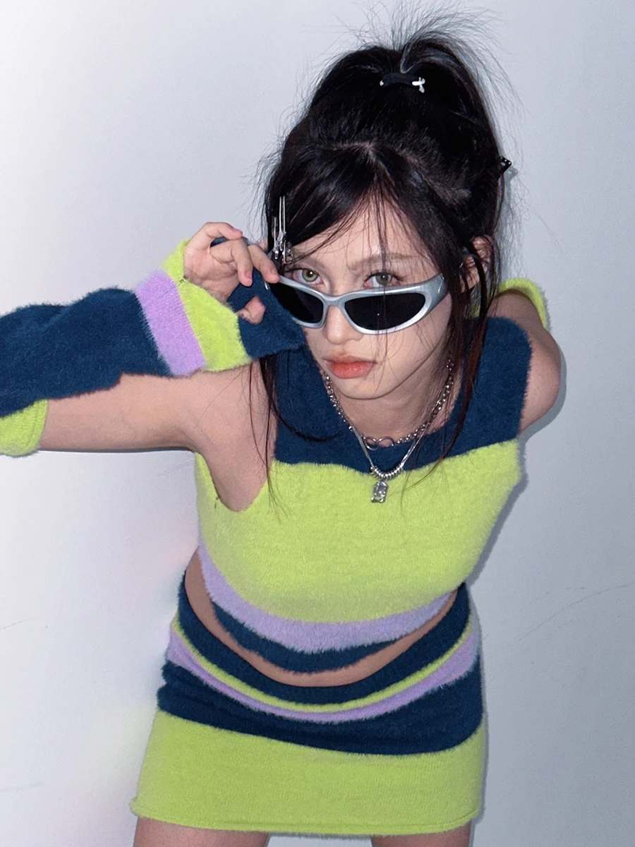 

Новая модная женская одежда из 3 предметов, летние костюмы, топы контрастных цветов, облегающая мини-юбка, комплект с рукавом-лодочкой, клубный уличный стиль