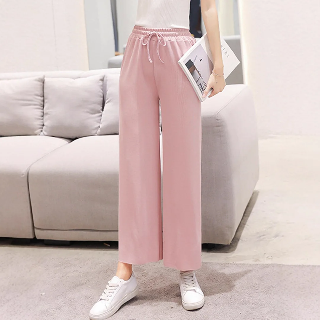 Women’s ice silk wide leg high waist summer floor length casual pants pink