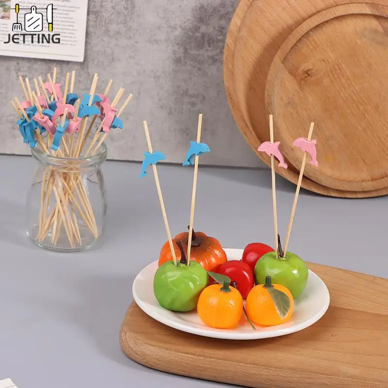 

100 шт. Симпатичные дельфины, бамбуковые палочки, пищевые вилки, фрукты, коктейли, ручная работа, зубочистки, принадлежности для пикника, украшение для стола