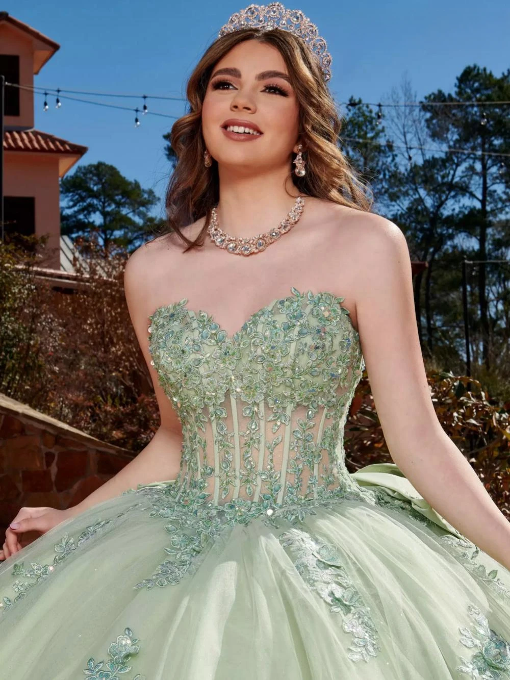 Glitter Sequins Appliques Quinceanrra Prom Dresses Detachable Sleeve Princess Long Green Elegant Bow Sweet 16 Dress Vestidos