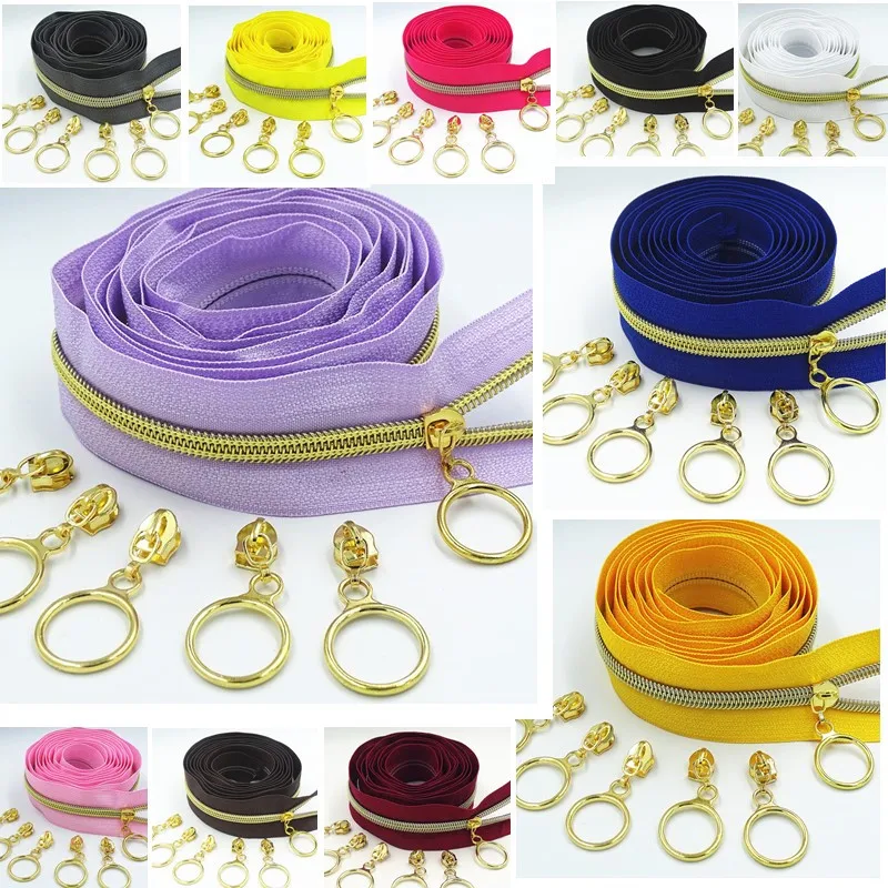 DIY 가정용 재봉 지퍼, 골드 실버 슬라이더, 이빨 벌크 나일론 지퍼, 코일 코드 장식, 수하물 의류 지갑 가방, 5