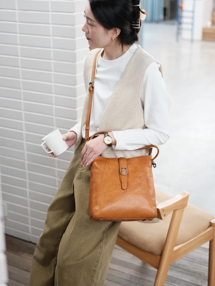 Lässiger Vintage-Organizer, handgefertigte Handtasche aus pflanzlich gegerbtem Rindsleder, tägliche Pendelarbeit, Schulter-Crossbody-Tasche aus echtem Leder